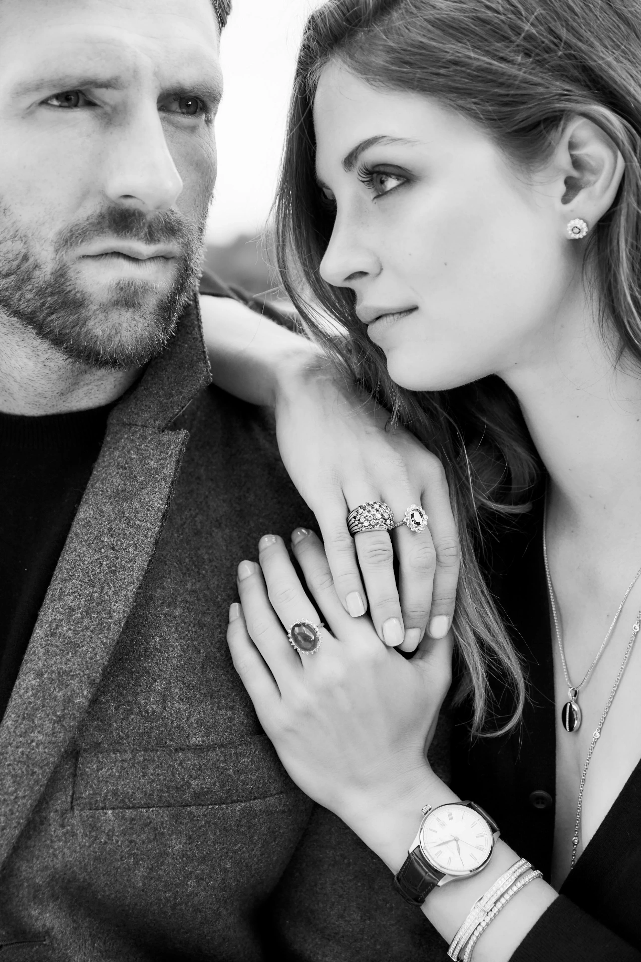 Black and white portrait couple with jewellery